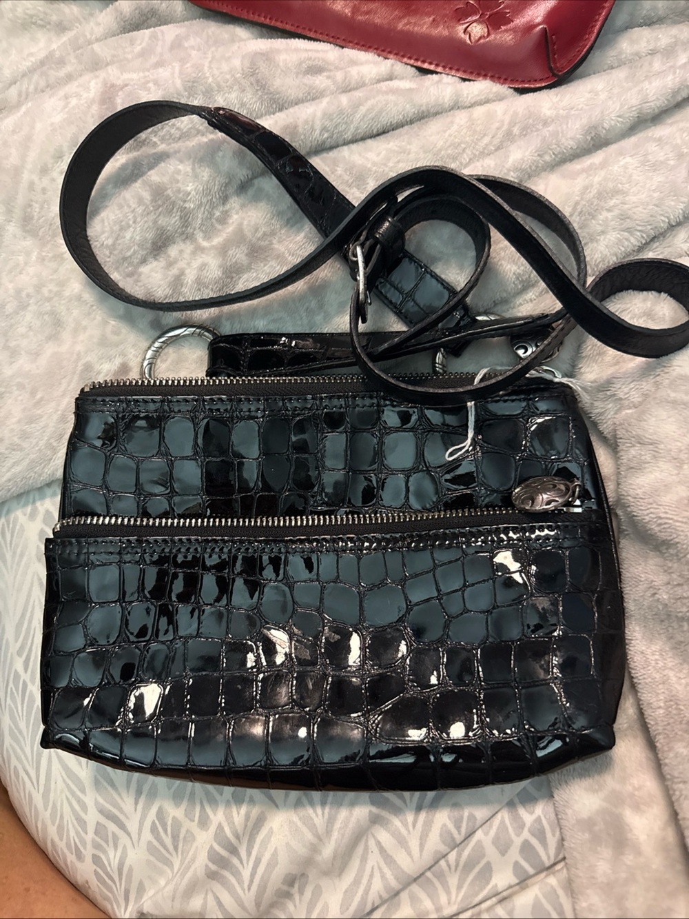 Brighton Black Croc-Embossed Patent Crossbody Bag